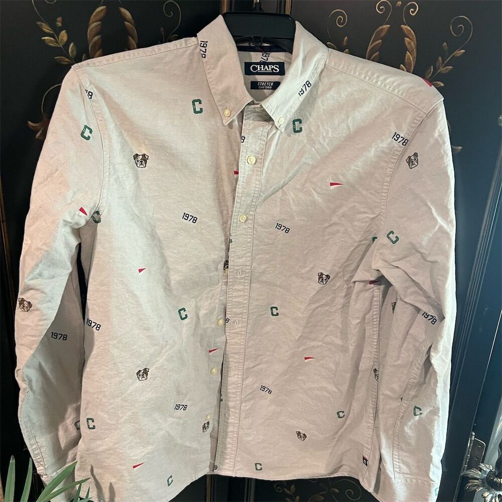 Chaps Men's Stretch Oxford Shirt M Gray Long Sleeve Button-Up Casual